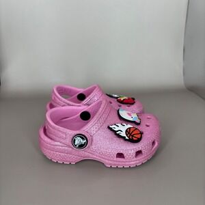Kids Pink Glitter Crocs with Charms Basketball Soccer Angry Birds 5C